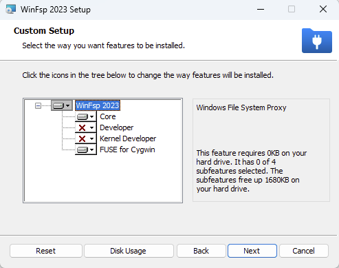 WinFsp installation option for FUSE.